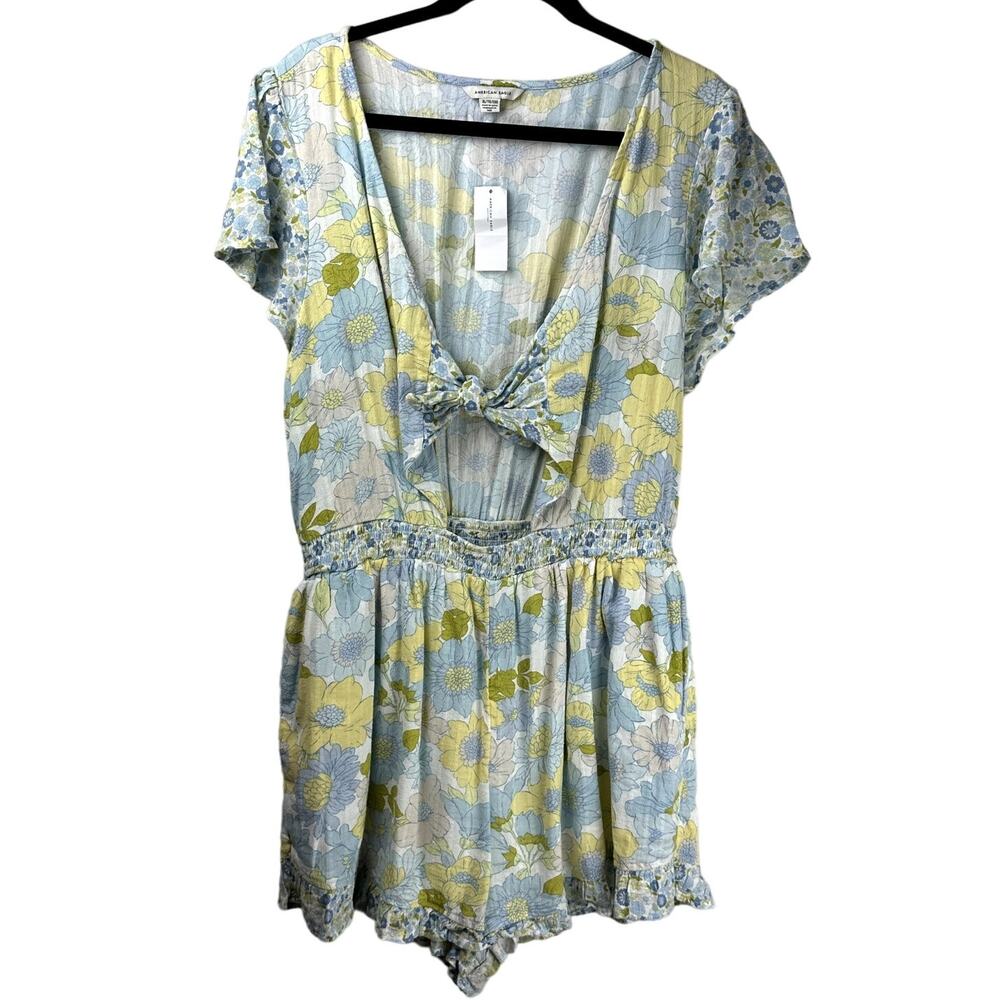 American eagle Women Size XL Floral Cottage Core Romper Wrap Cut Out Tie Front